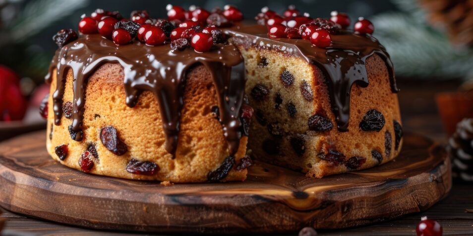 Panettone with chocolate topping on table with Christmas decor
